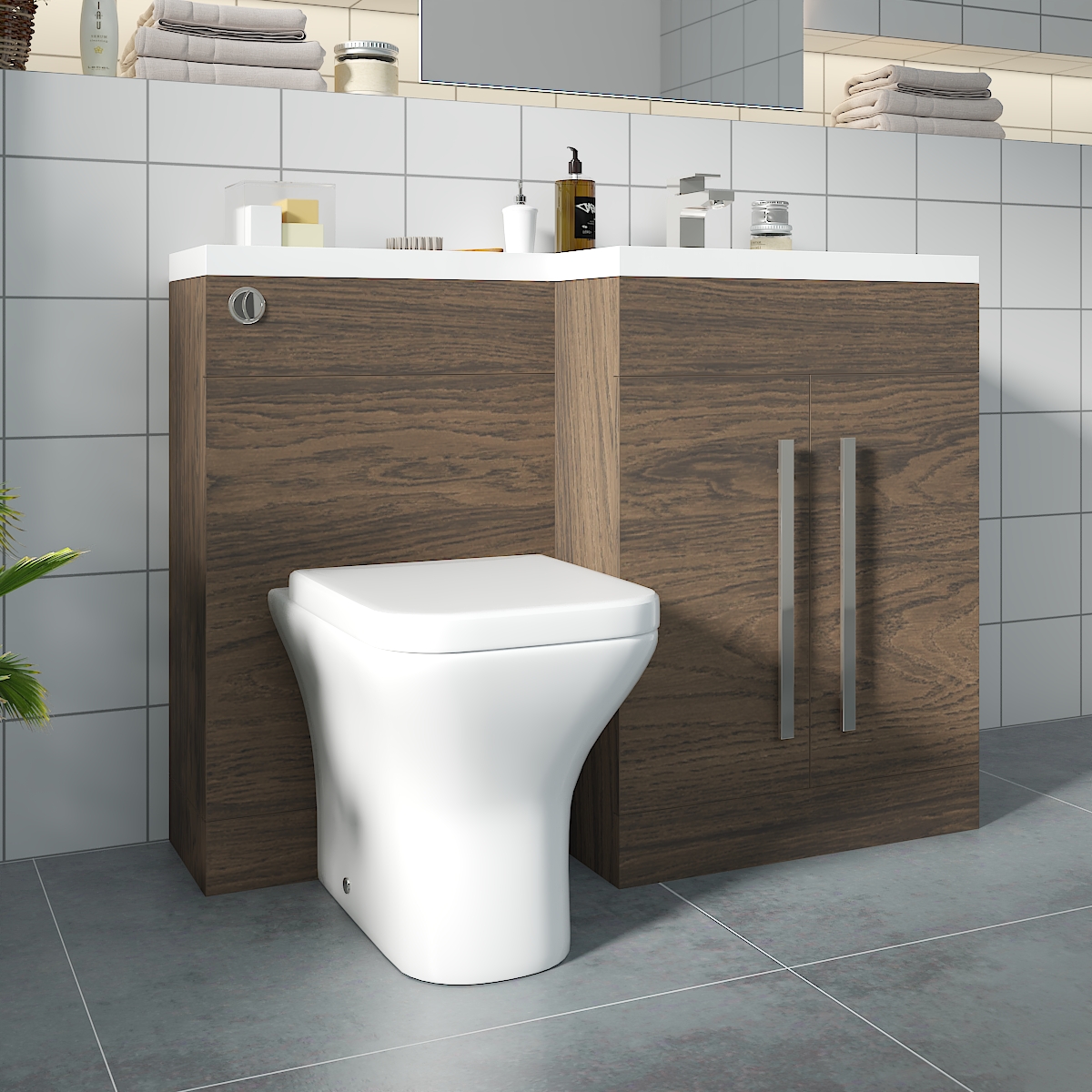 Calm Walnut Right Hand Combination Vanity Unit Basin L Shape with Back to Wall Feel Curved Toilet & Soft Close Seat & Concealed Cistern - 1100mm