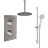 Thurso Chrome Twin Round Handle Concealed Valve Built in Diverter with 400mm Round Shower Head, Ceiling Arm and Chrome Riser Rail Kit (2 Outlet)