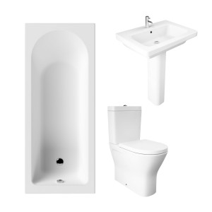 Essentials 1500 x 700mm Straight Bath Single Ended Bathroom Suite with RAK-Resort Maxi Close Coupled Closed Back Rimless Toilet and 650mm Full Pedestal Basin