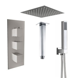Beauly Chrome Triple Square Handle Concealed Valve with 200mm Square Shower Head, Hand Shower and Ceiling Arm (2 Outlet)