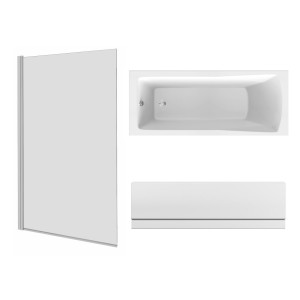 Sawley 1700 x 700mm Straight Bath Single Ended with Front Panel and Square Chrome Bath Screen