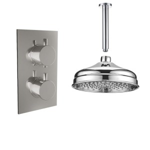 Melrose Traditional Chrome Twin Round Concealed Valve with 200mm Traditional Shower Head and Ceiling Arm (1 Outlet)