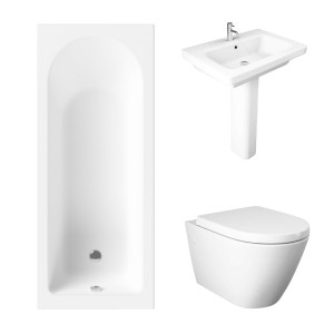 Essentials 1600 x 700mm Straight Bath Single Ended Bathroom Suite with RAK-Resort Wall Hung Toilet and 650mm Full Pedestal Basin - Including Bath Panels