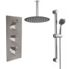 Thurso Chrome Triple Round Handle Concealed Valve Bulit in Diverter with 200mm Round Shower Head, Ceiling Arm and Riser Rail Kit (3 Outlet)