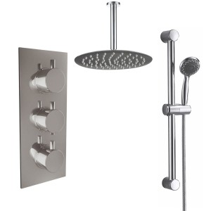 Thurso Chrome Triple Round Handle Concealed Valve Bulit in Diverter with 200mm Round Shower Head, Ceiling Arm and Riser Rail Kit (3 Outlet)