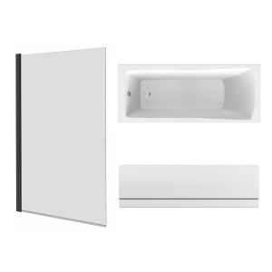 Sawley 1700 x 700mm Straight Bath Single Ended with Front Panel and Square Black Bath Screen