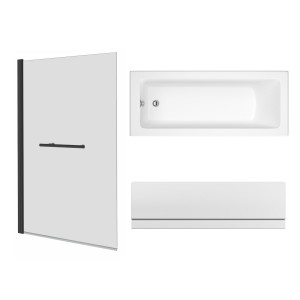 Sawley 1500 x 700mm Straight Bath Single Ended with Front Panel and Square Black Bath Screen with Towel Rail