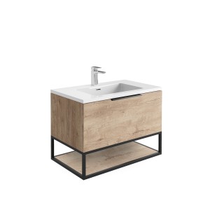 Reid 800mm LED Vanity Unit, Smooth White Basin with Black Frame and Shelf - Rustic Oak