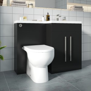 Calm Matt Black Right Hand Combination Vanity Unit Basin L Shape with Back to Wall RAK Tonique Toilet & Soft Close Seat & Concealed Cistern - 1100mm