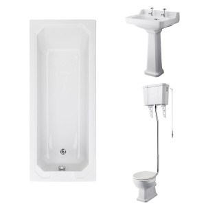 Wellington High Level Comfort Height Toilet with Sand Seat & 600mm 2 Tap Hole Basin with 1700 x 700mm Traditional Straight Bath Single Ended