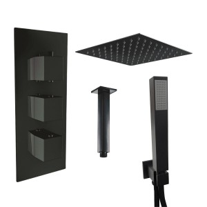Beauly Matt Black Triple Square Handle Concealed Valve with 200mm Square Shower Head, Ceiling Arm and Hand Shower (2 Outlet)