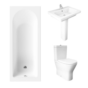 Essentials 1700 x 700mm Straight Bath Single Ended Bathroom Suite with RAK-Resort Maxi Close Coupled Closed Back Rimless Toilet and 650mm Full Pedestal Basin