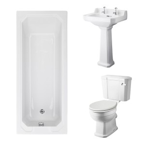 Wellington Close Coupled Toilet with Sand Seat & 560mm 2 Tap Hole Basin with 1700 x 700mm Traditional Straight Bath Single Ended