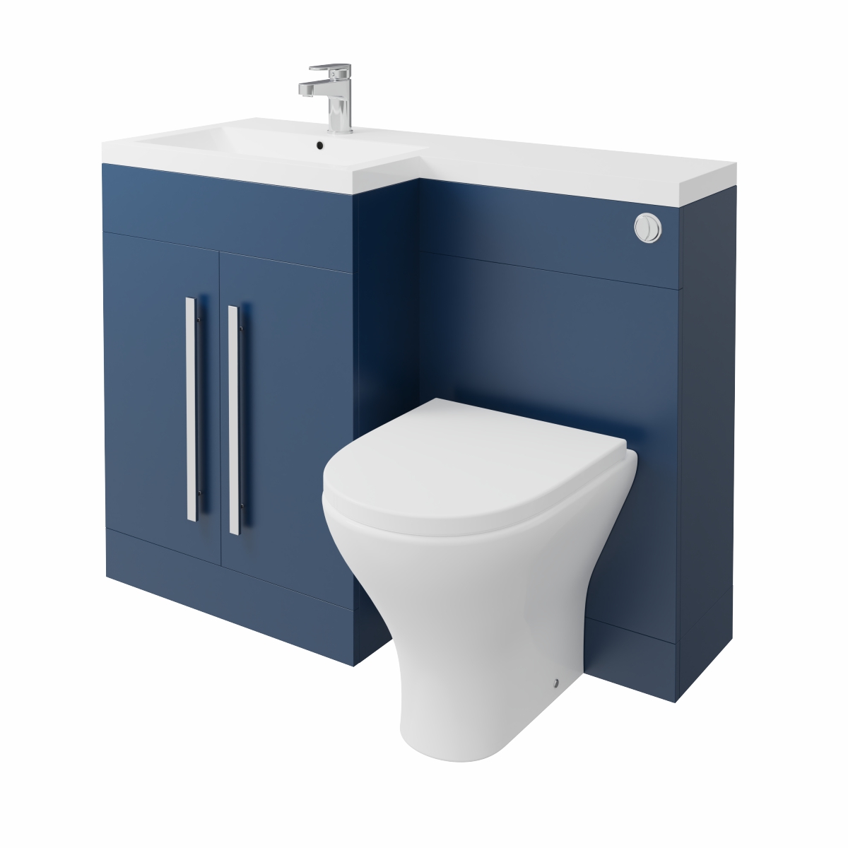 Calm Matt Blue Left Hand Combination Vanity Unit Basin L Shape with Back to Wall Fresh Curved Toilet & Soft Close Seat & Concealed Cistern - 1100mm