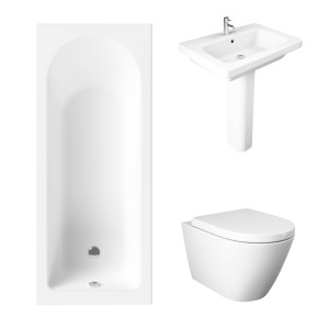 Essentials 1500 x 700mm Straight Bath Single Ended Bathroom Suite with RAK-Resort Wall Hung Toilet and 650mm Full Pedestal Basin - Including Bath Panels