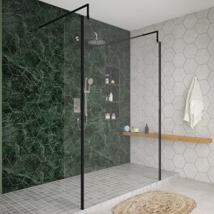 Wasdale 1400mm Black Walk Through Wet Room Screen with 300mm Hinged Return Screens & L- Shape Support Arms