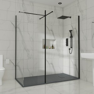 Wasdale 1400mm Wet Room Screen, 800mm Wet Room Screen with 200mm Wet Room Return Screen - Black