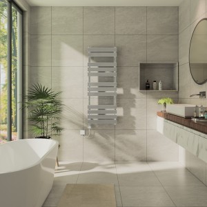 Juva 1200 x 450mm Chrome Flat Panel Thermostatic Touch Control Electric Heated Towel Rail