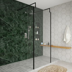 Wasdale 900mm Black Walk Through Wet Room Screen with 300mm Hinged Return Screens & L- Shape Support Arms