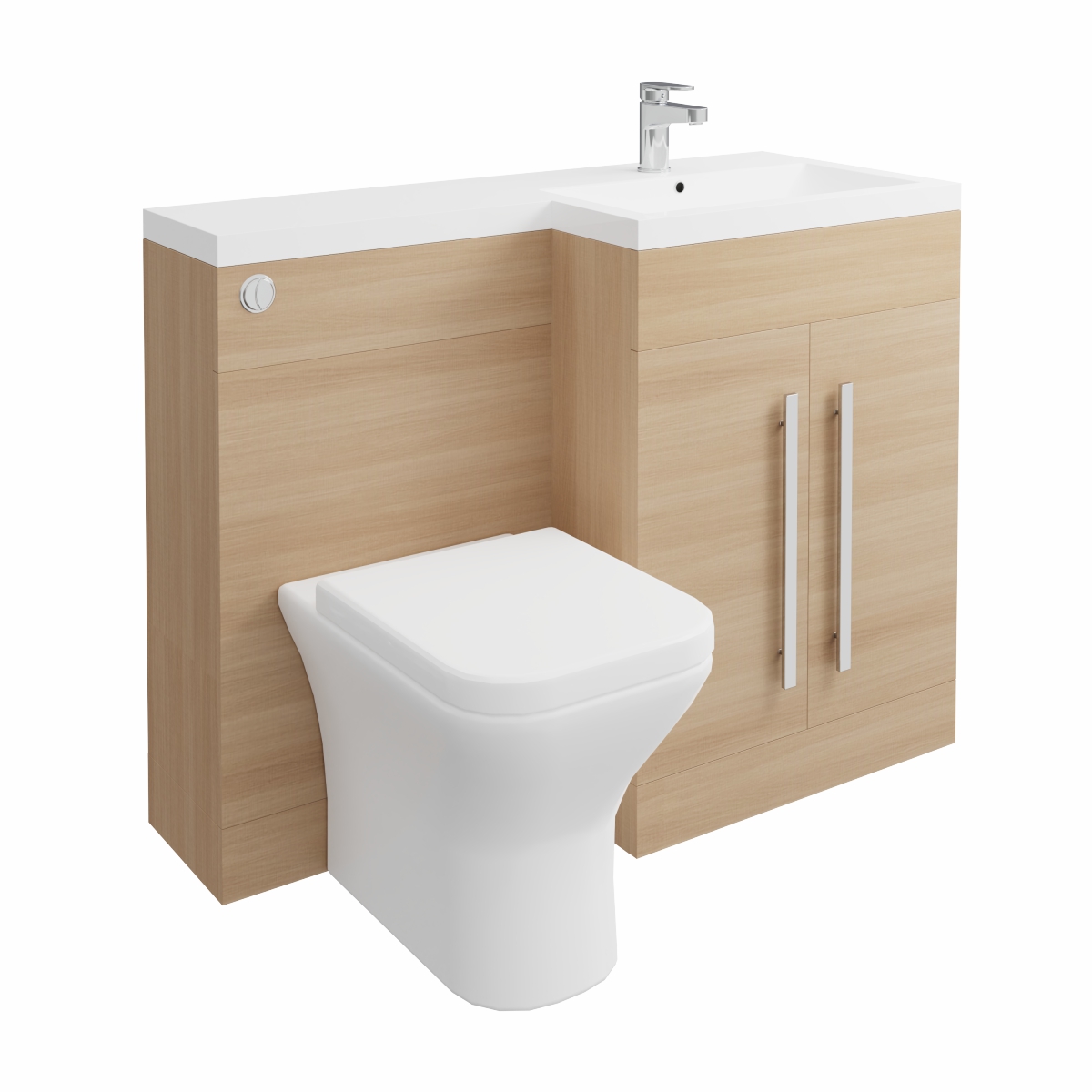 Calm Light Oak Right Hand Combination Vanity Unit Basin L Shape with Back to Wall Feel Curved Toilet & Soft Close Seat & Concealed Cistern - 1100mm