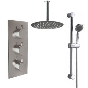Thurso Chrome Triple Round Handle Concealed Valve Bulit in Diverter with 300mm Round Shower Head, Ceiling Arm and Riser Rail Kit (3 Outlet)