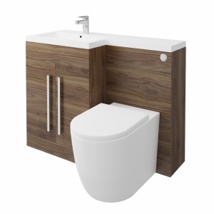 Calm Walnut Left Hand Combination Vanity Unit Basin L Shape with Back to Wall Cordoba Toilet & Soft Close Seat & Concealed Cistern - 1100mm