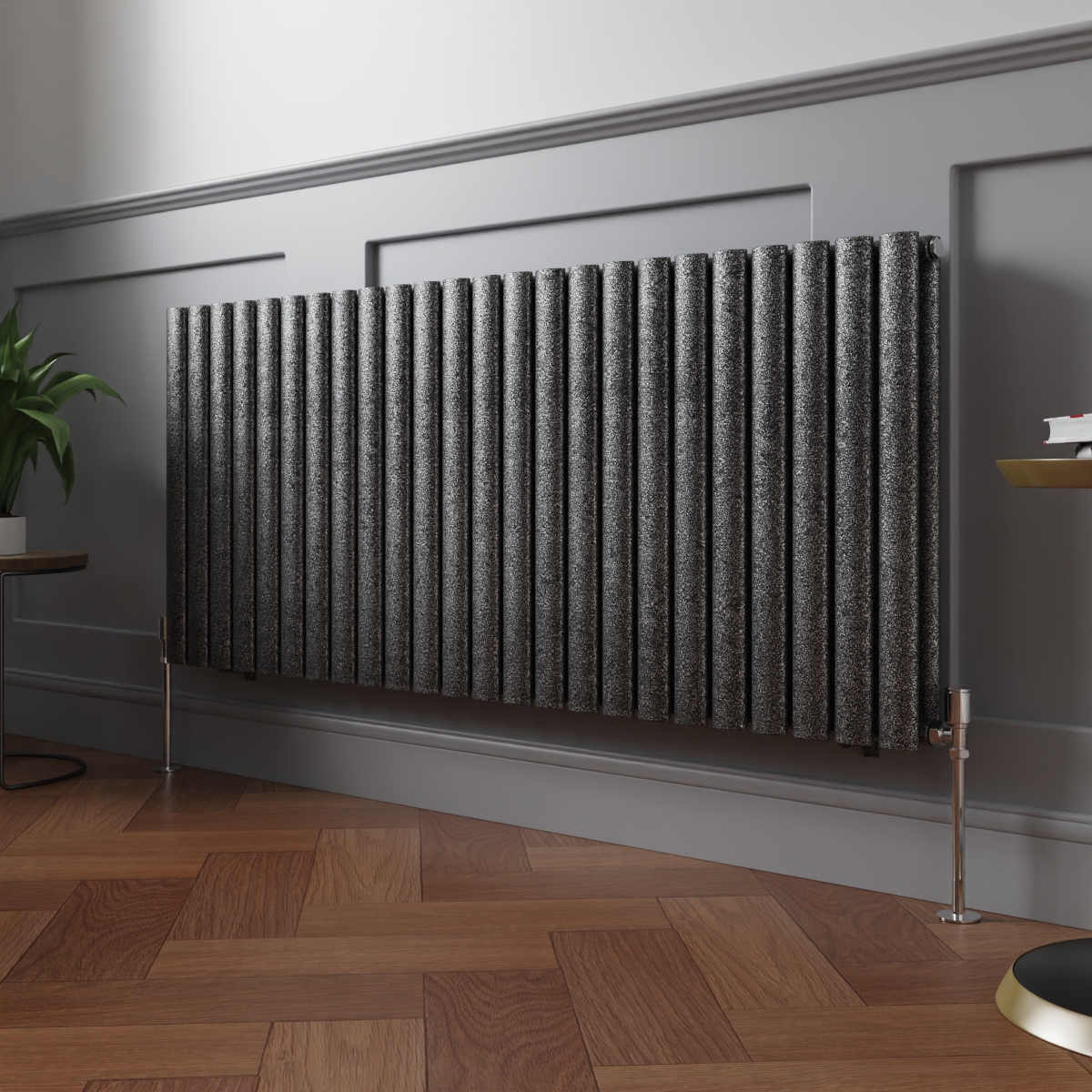 Norden 600 x 1417mm Black Silver Double Horizontal Oval Column Designer Radiator