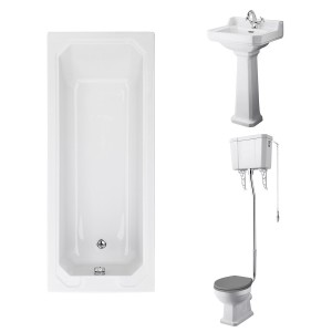 Wellington High Level Toilet with Grey Seat & 500mm 1 Tap Hole Basin with 1700 x 700mm Traditional Straight Bath Single Ended