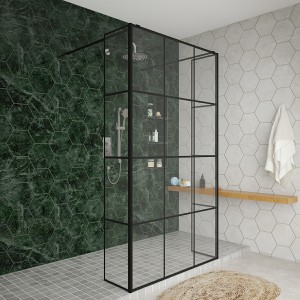 Wasdale 1100mm Black Grid Walk Through Wet Room Screen with 300mm Hinged Return Screens