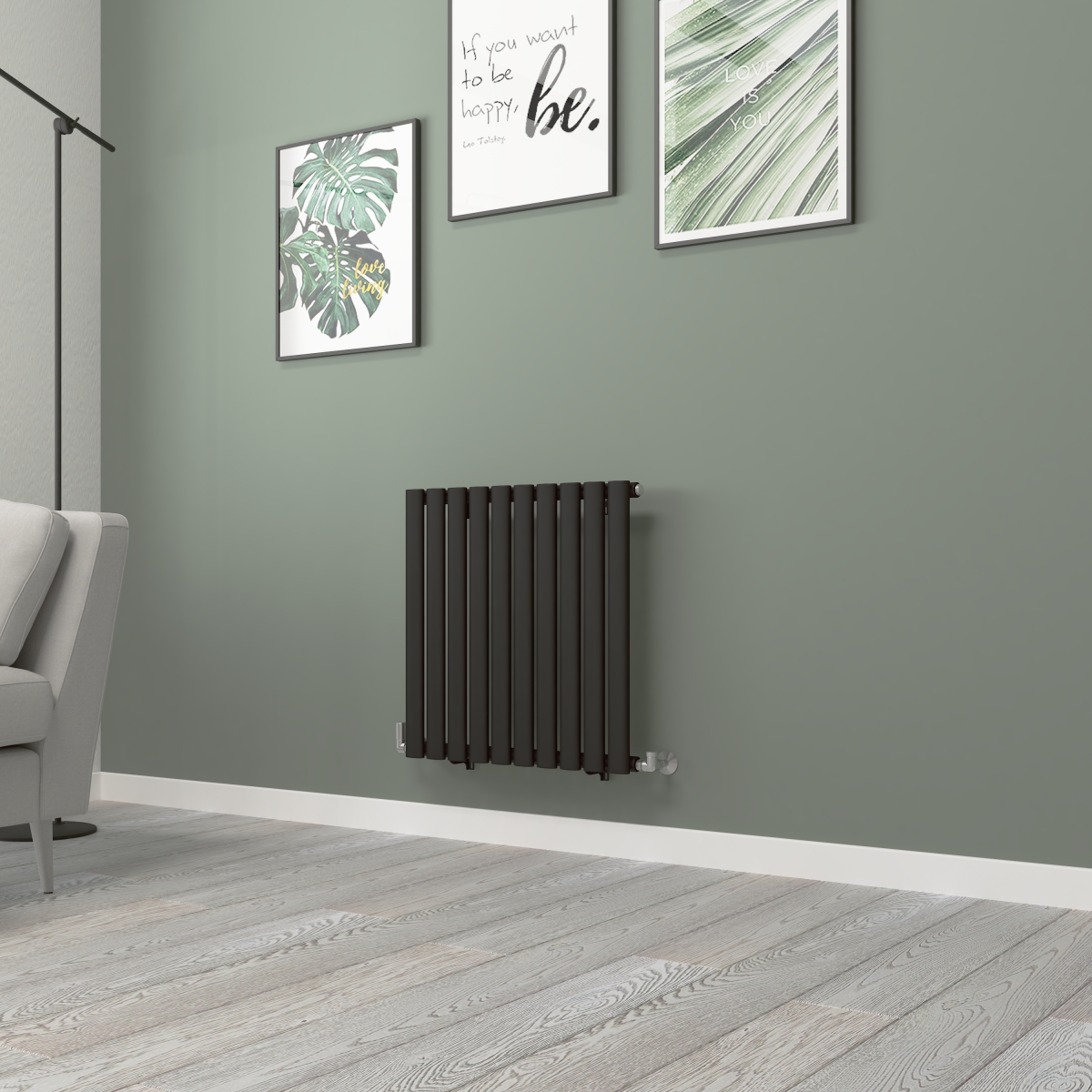 Norden 600 x 591mm Black Single Horizontal Oval Tube Designer Radiator