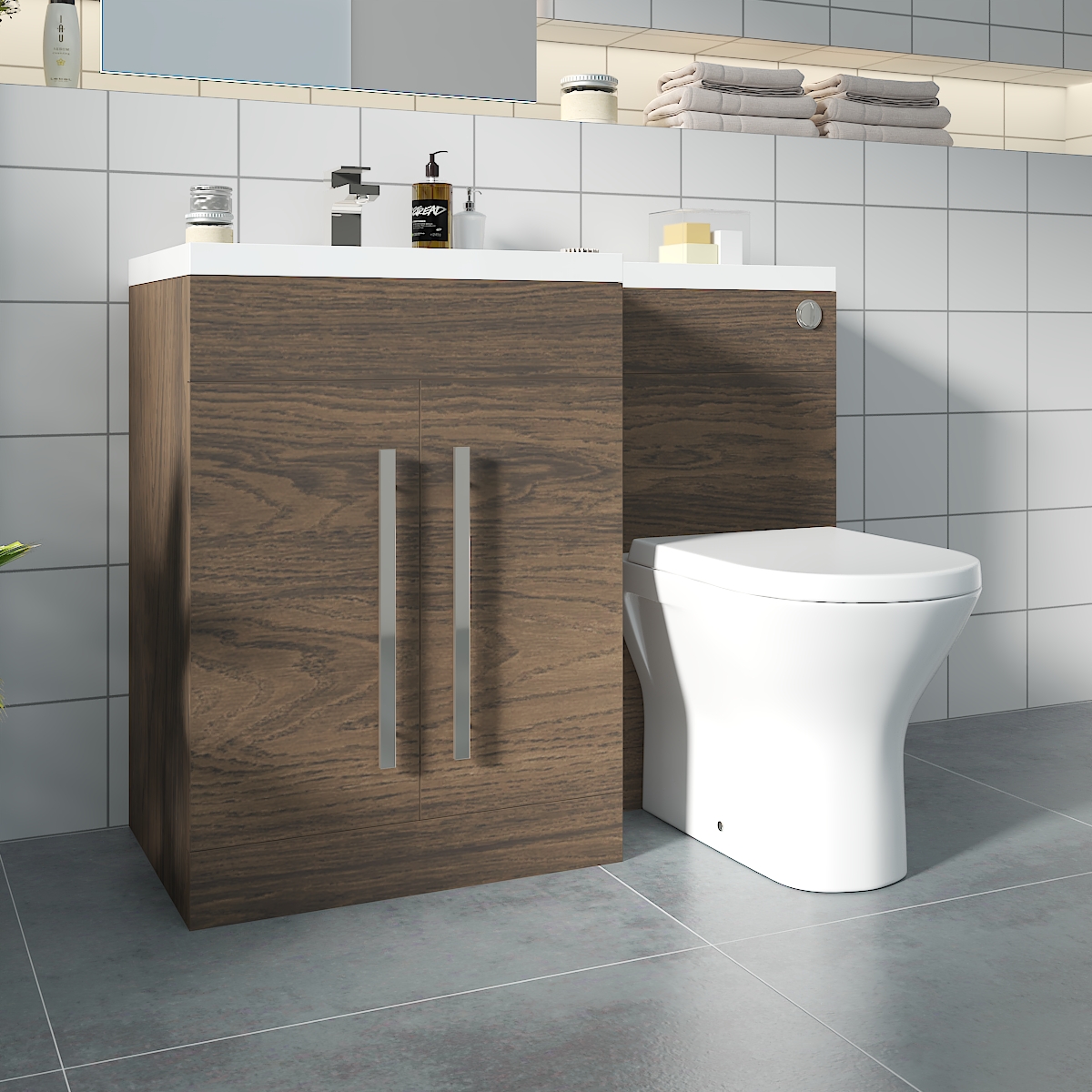 Calm Walnut Left Hand Combination Vanity Unit with Rak-Resort Toilet & Soft Close Seat & Concealed Cistern - 1100mm