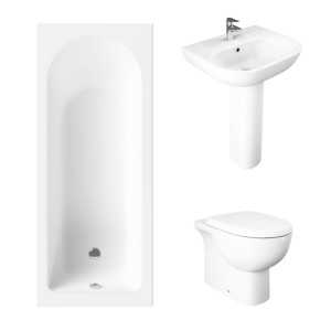 Essentials 1500 x 700mm Straight Bath Single Ended Bathroom Suite with RAK-Tonique Back to Wall Toilet Pan and 550mm Full Pedestal Basin-Include Bath Panels