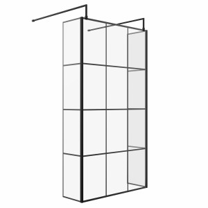 Wasdale 1100mm Black Grid Walk Through Wet Room Screen with 300mm Hinged Return Screens & L- Shape Support Arms