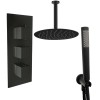 Thurso Matt Black Triple Square Handle Concealed Valve with 200mm Round Shower Head, Ceiling Arm and Hand Shower (2 Outlet)