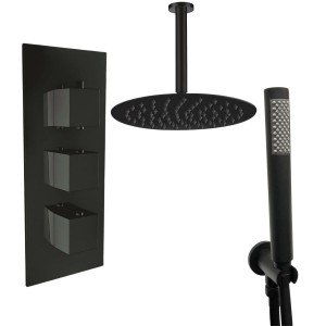 Thurso Matt Black Triple Square Handle Concealed Valve with 200mm Round Shower Head, Ceiling Arm and Hand Shower (2 Outlet)