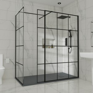 Wasdale 1100mm Wet Room Screen, 800mm Wet Room Screen with 200mm Wet Room Return Screen - Black Grid