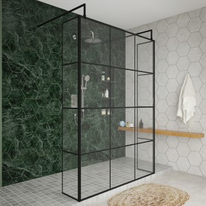Wasdale 1400mm Black Grid Walk Through Wet Room Screen with 300mm Hinged Return Screens & L- Shape Support Arms