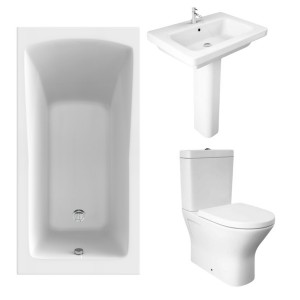 RAK Resort Mini Closed Back Toilet with 650mm Basin Modern Bathroom Suite and Single Ended Bath with Front Panel - 1400 x 700mm