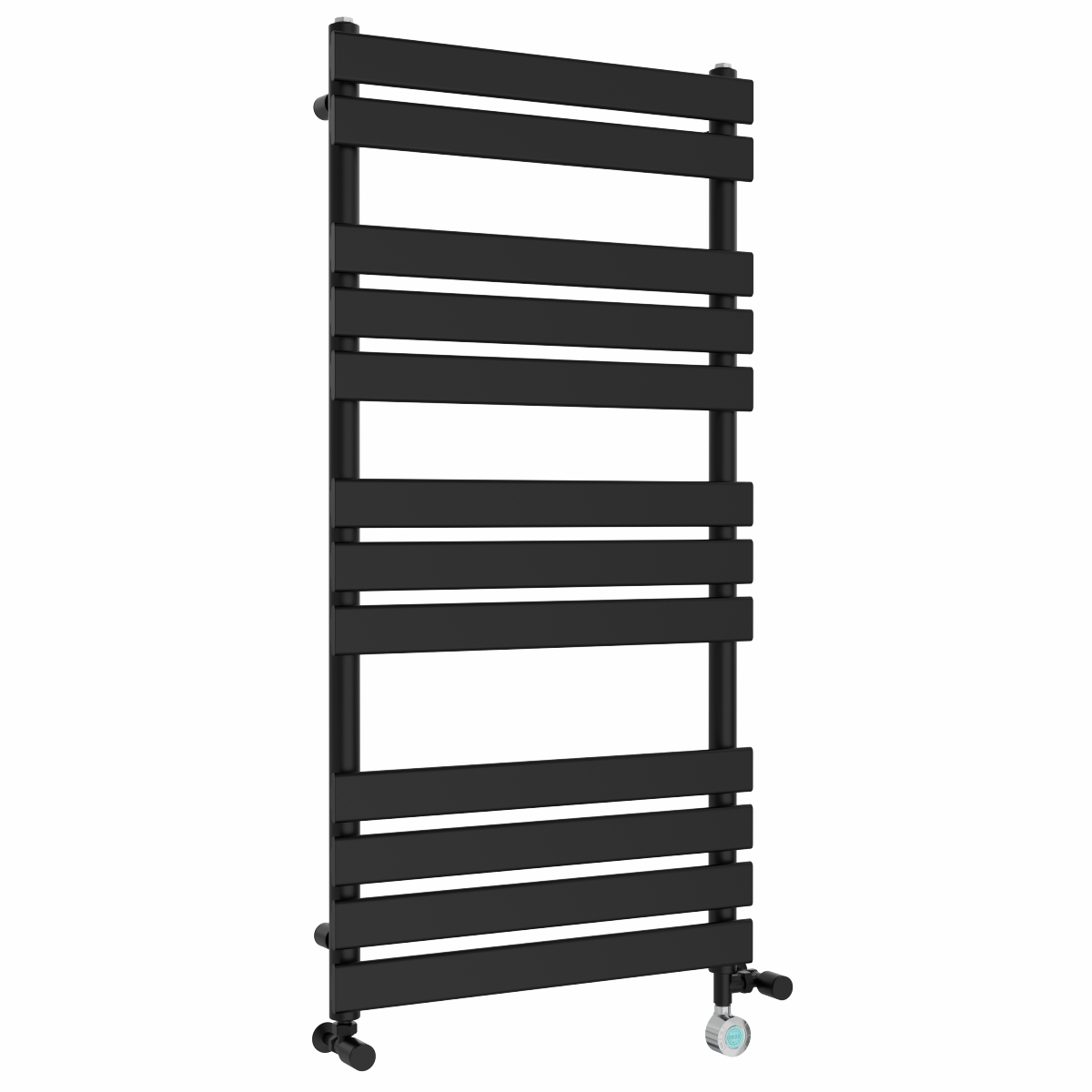 Juva 1200 x 600mm Dual Fuel Satin Black Flat Panel Thermostatic Touch Control Electric Heated Towel Rail