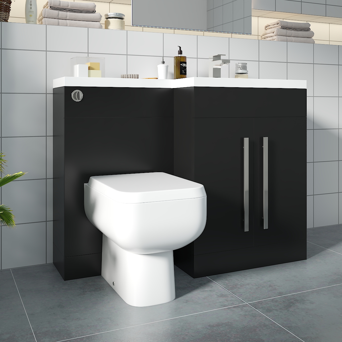 Calm Matt Black Right Hand Combination Vanity Unit Basin L Shape with Back to Wall RAK Series 600 Toilet & Soft Close Seat & Concealed Cistern - 1100mm