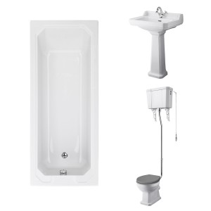 Wellington High Level Comfort Height Toilet with Grey Seat & 600mm 1 Tap Hole Basin with 1700 x 700mm Traditional Straight Bath Single Ended