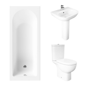 Essentials 1600 x 700mm Straight Bath Single Ended Bathroom Suite with RAK-Tonique Close Coupled Open Back WC Pan and 550mm Full Pedestal Basin