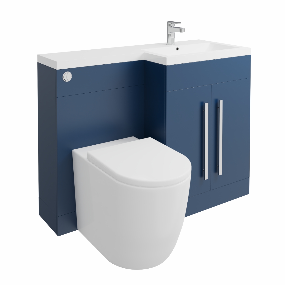Calm Matt Blue Right Hand Combination Vanity Unit Basin L Shape with Back to Wall Cordoba Toilet & Soft Close Seat & Concealed Cistern - 1100mm