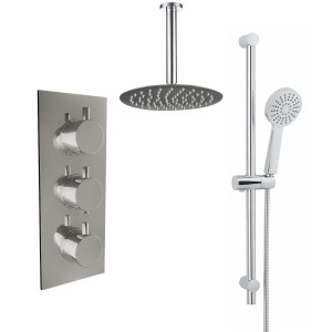 Thurso Chrome Triple Round Handle Concealed Valve with 300mm Round Shower Head, Ceiling Arm and Chrome Riser Rail Kit (2 Outlet)