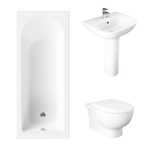 Essentials 1600 x 700mm Straight Bath Single Ended Bathroom Suite with RAK-Tonique Wall Hung Toilet and 550mm Full Pedestal Basin-Include Bath Panels