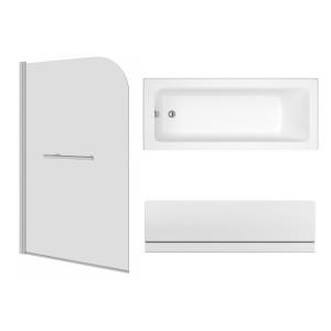 Sawley 1500 x 700mm Straight Bath Single Ended with Front Panel and Round Chrome Bath Screen with Towel Rail