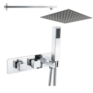 Beauly Chrome Square Twin Diverter Thermostatic Shower Valve with Bulit in Hand Shower with 400mm Square Shower Head (2 Outlet)
