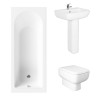 Essentials 1500 x 700mm Straight Bath Single Ended Bathroom Suite with RAK-Series 600 Rimless Wall Hung Toilet and 520mm Short Projection Full Pedestal Basin - Including Bath Panels