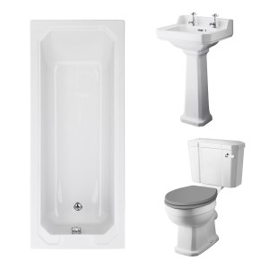 Wellington Close Coupled Toilet with Grey Seat & 500mm 2 Tap Hole Basin with 1700 x 700mm Traditional Straight Bath Single Ended