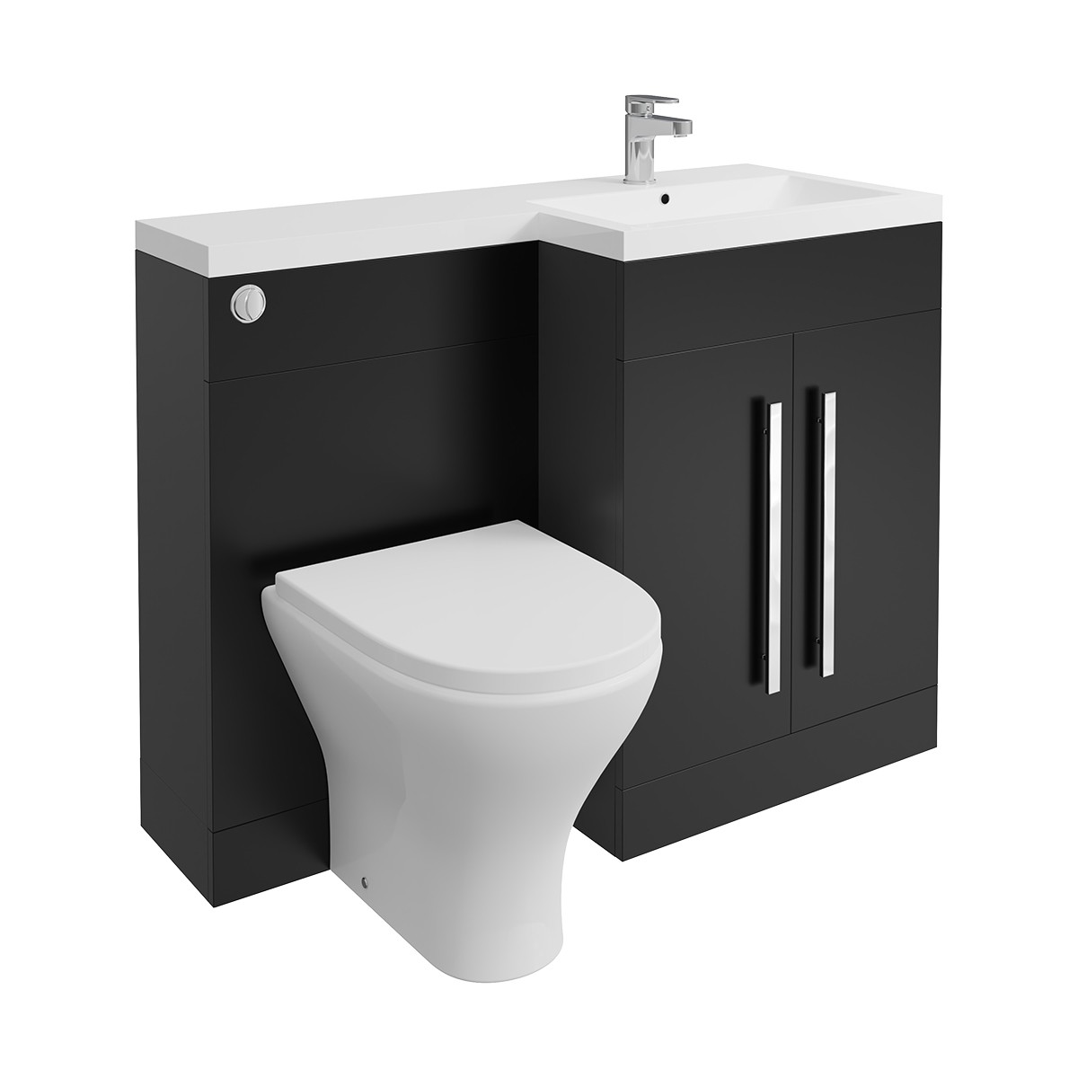 Calm Matt Black Right Hand Combination Vanity Unit Basin L Shape with Back to Wall Fresh Curved Toilet & Soft Close Seat & Concealed Cistern - 1100mm